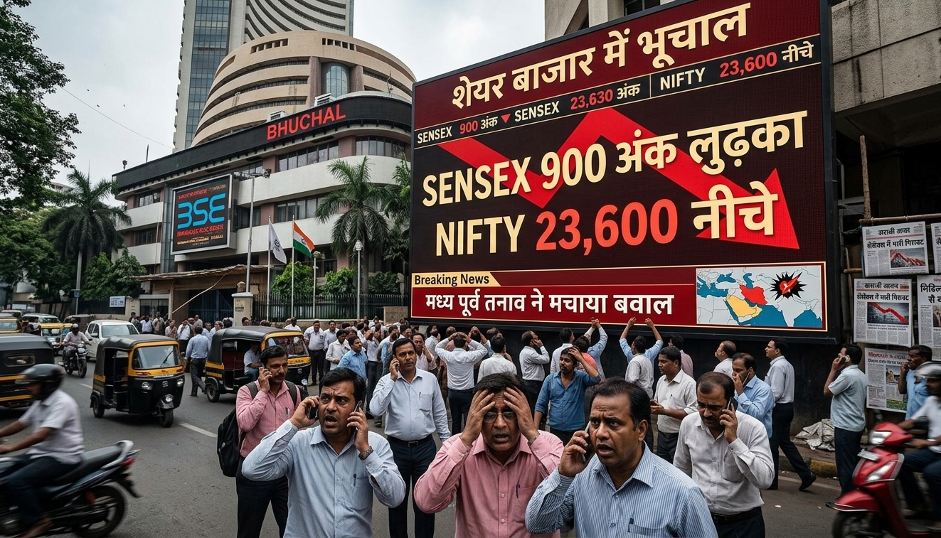 शेयर बाजार में भूचाल! सेंसेक्स 900 अंक लुढ़का, निफ्टी 23,600 नीचे—मध्य पूर्व तनाव ने मचाया बवाल