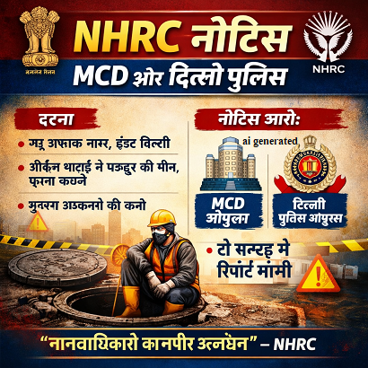NHRC ने लिया पूर्वी दिल्ली सीवेज टैंक हादसे का स्वत: संज्ञान, एक श्रमिक की मौत पर दिल्ली नगर निगम और पुलिस को नोटिस