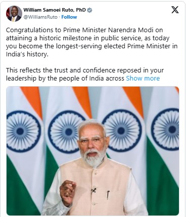New Delhi: PM Modi creates history: becomes India's longest-serving democratically elected Prime Minister with 4,399 days, leaders from around the world congratulate him.