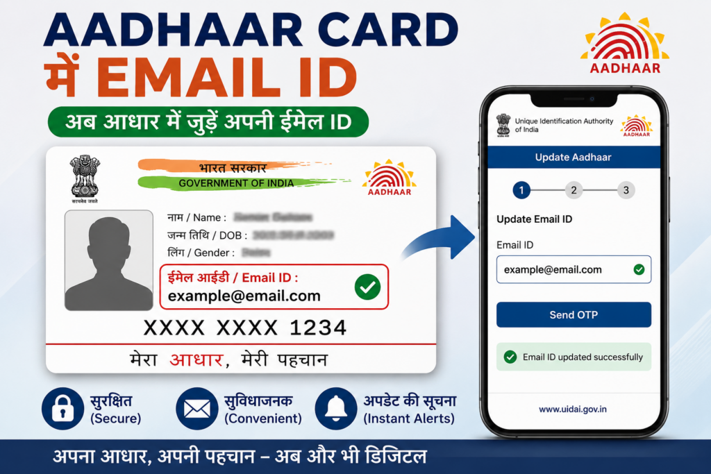 UIDAI ने आधार ऐप के जरिए घर बैठे ईमेल आईडी जोड़ने और अपडेट करने की मुफ्त सुविधा शुरू की है। 1 जुलाई 2026 से छह महीने तक उपलब्ध इस सेवा से आधार केंद्र जाने की आवश्यकता समाप्त हो गई है।