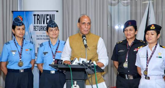 New Delhi: Women officers from all three armed forces returned after completing a historic 314-day sea voyage; Defence Minister Rajnath Singh honoured the 'Samudra Pradakshina' team.