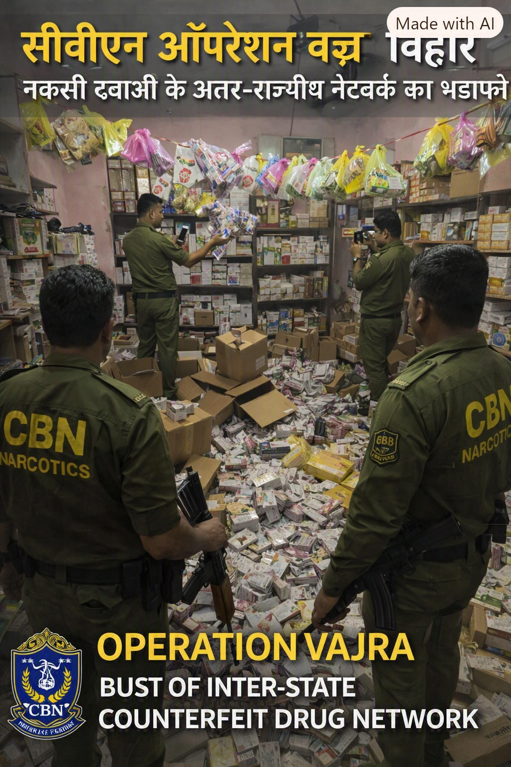 New Delhi/Bihar: Major success for CBN in Operation 'Vajra' — 8 illegal warehouses and a counterfeit medicine manufacturing unit busted in Bihar; huge quantities of narcotic and counterfeit medicines seized.