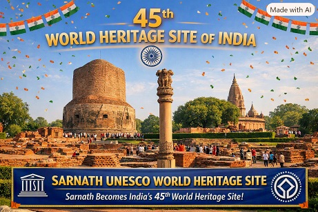 Sarnath UNESCO World Heritage Site: Sarnath becomes India's 45th World Heritage Site; the land of Buddha's first sermon gains global recognition.
