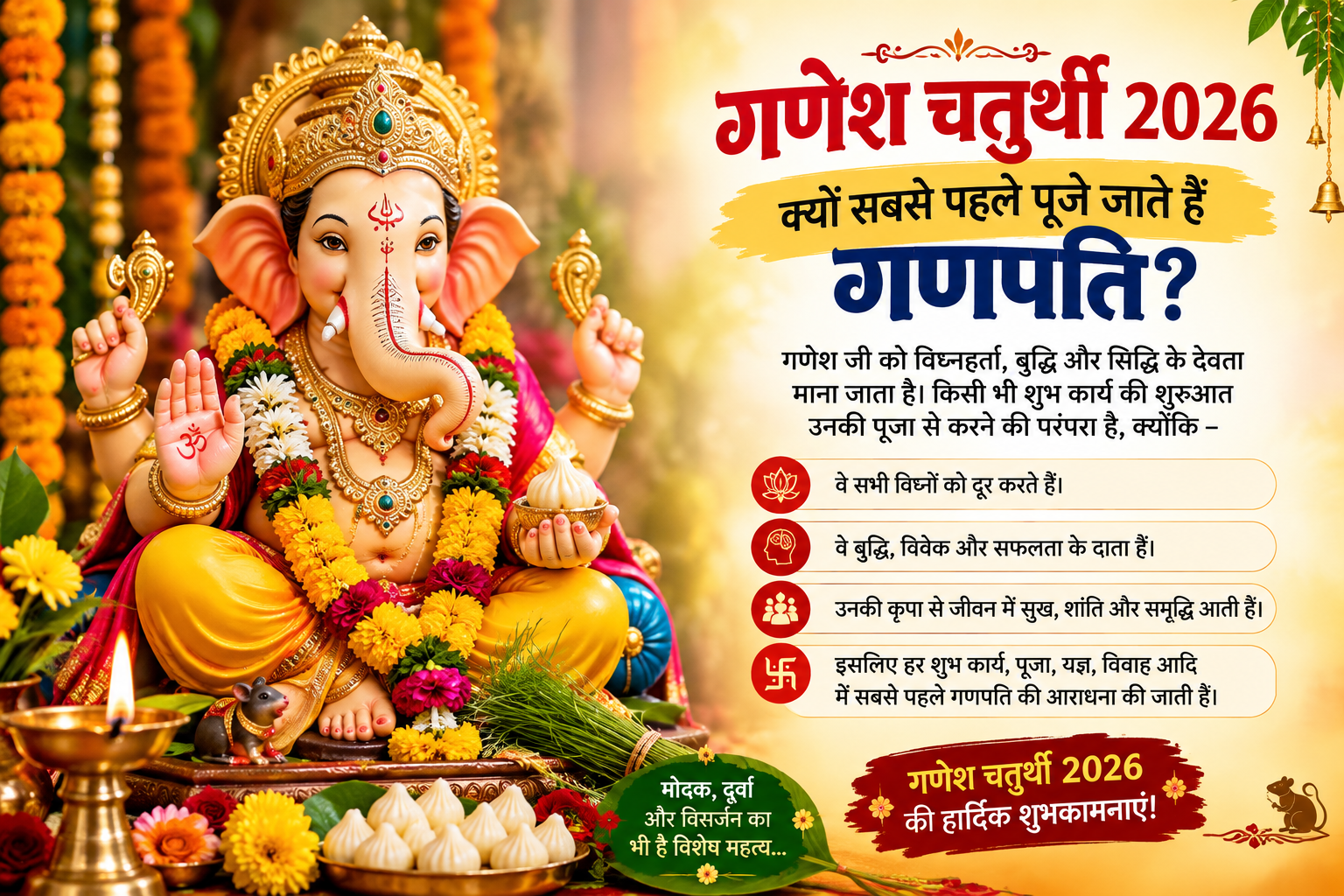 When is Ganesh Chaturthi 2026? Why is Ganpati worshipped first? Learn about the significance of Modak, Durva, and Visarjan.